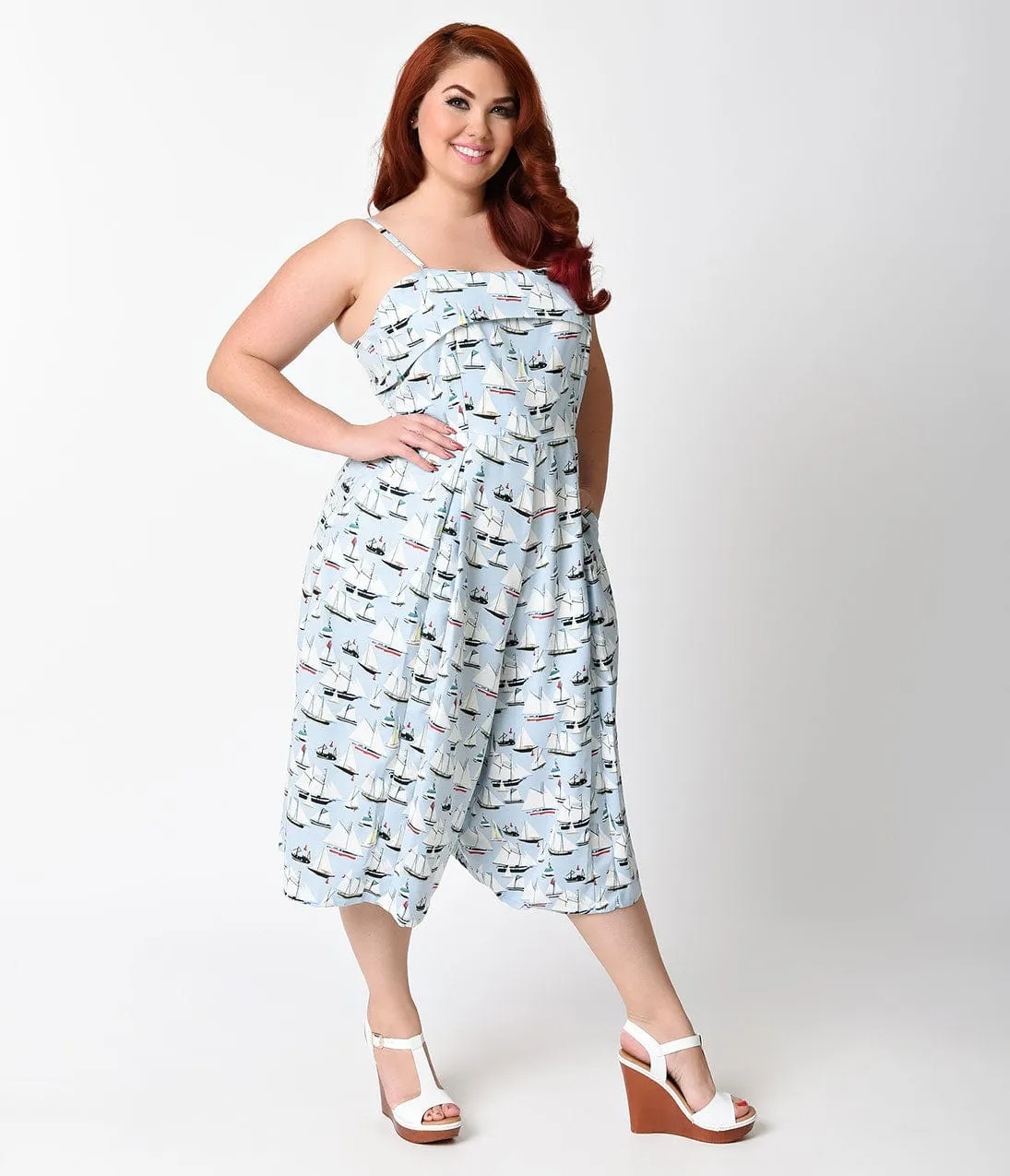 Unique Vintage Plus Size Light Blue & Sailboat Print Nancy Romper sold by Unique Vintage product image thumbnail 5