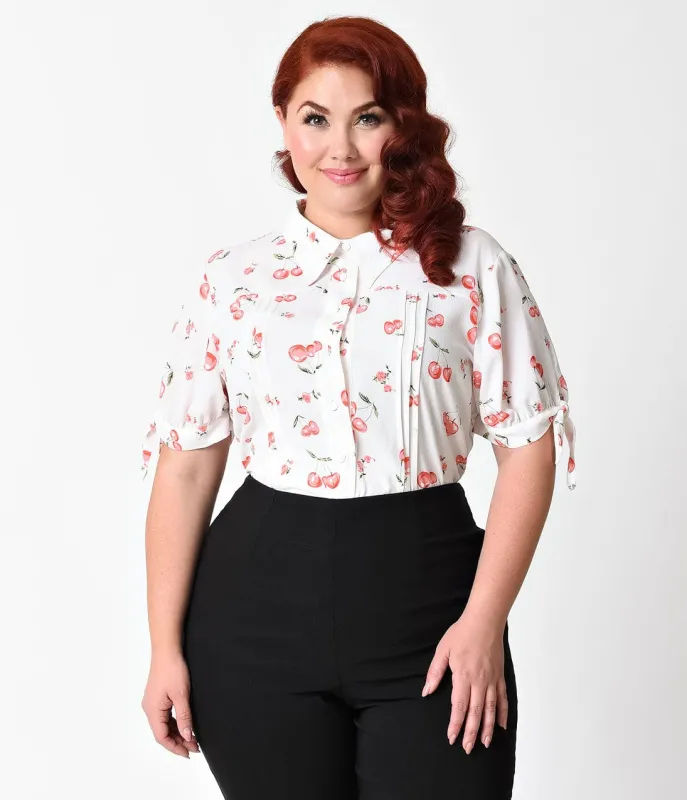 Unique Vintage Plus Size Ivory & Pink Cherry Button Up Colvin Blouse made by Unique Vintage