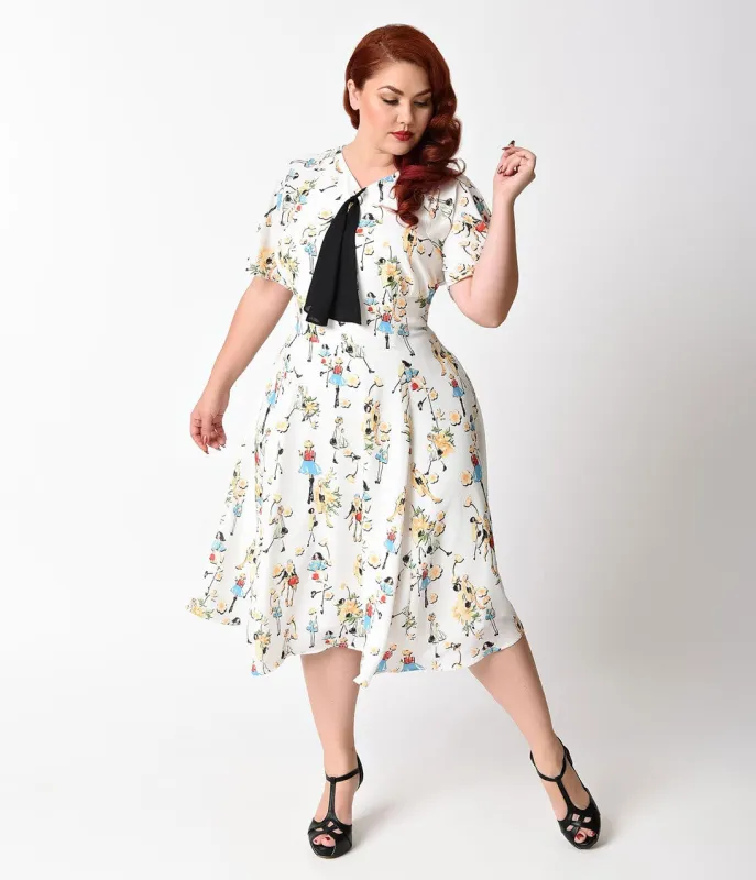 Unique Vintage Plus Size 1940s Ivory & Little Ladies Print Lucille Swing Dress made by Unique Vintage