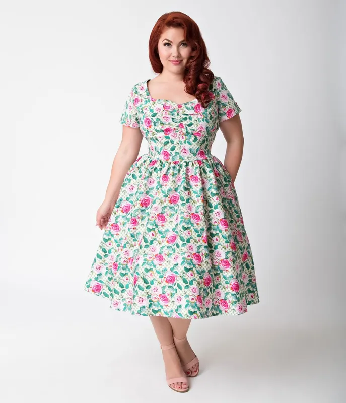 Unique Vintage Plus Size 1950s Style Green Gingham & Pink Floral Short Sleeve Draper Swing Dress made by Unique Vintage