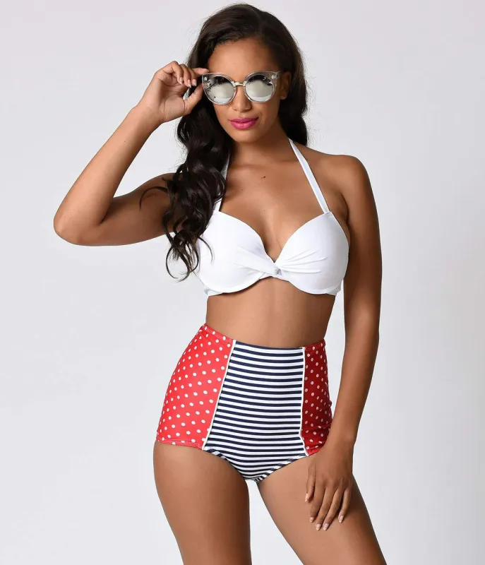 Retro Pin Up Navy, White & Red Dot Admiral High Waist Swim Bottom sold by Unique Vintage