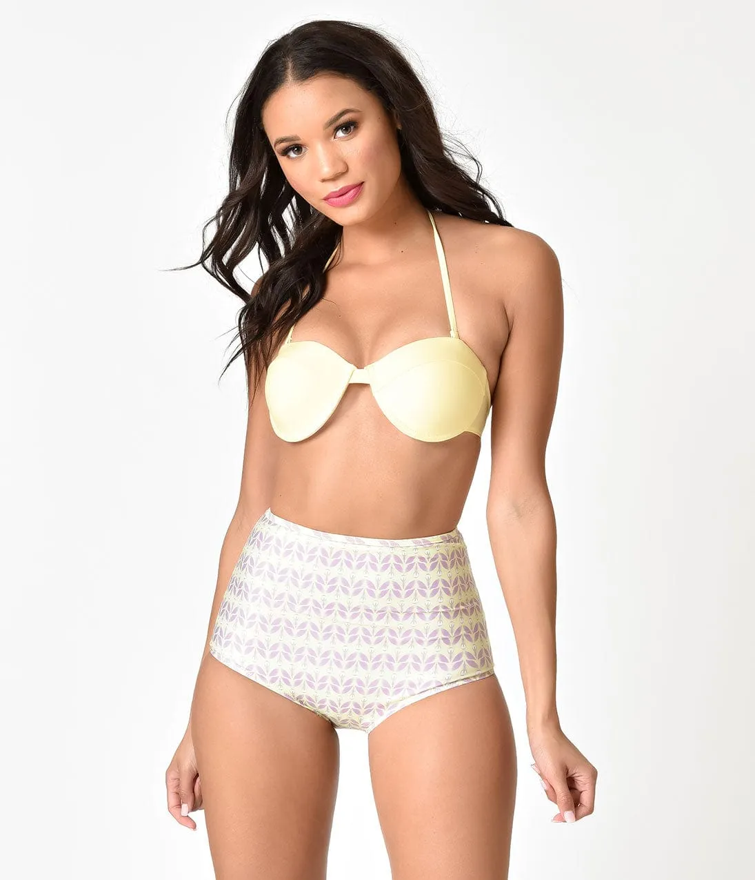 Retro Style Light Yellow & Purple Printed Halter High Waist Bikini sold by Unique Vintage