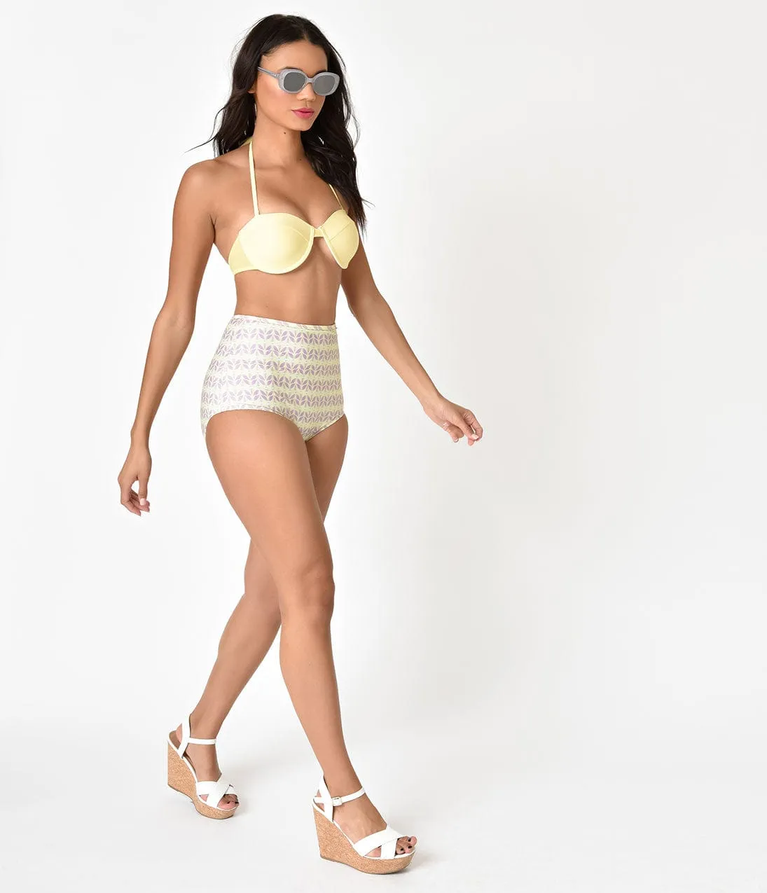 Retro Style Light Yellow & Purple Printed Halter High Waist Bikini sold by Unique Vintage product image thumbnail 4