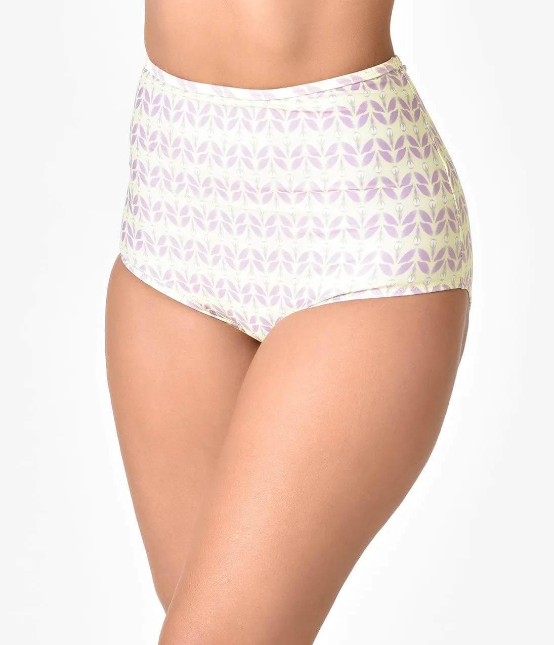 Retro Style Light Yellow & Purple Printed Halter High Waist Bikini sold by Unique Vintage product image thumbnail 5