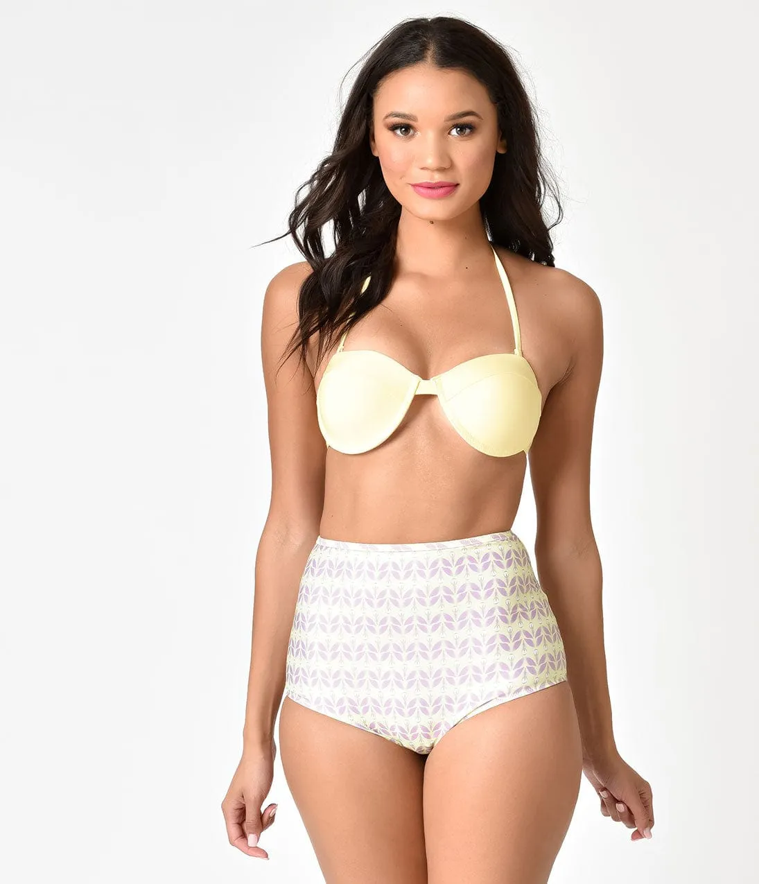 Retro Style Light Yellow & Purple Printed Halter High Waist Bikini sold by Unique Vintage product image thumbnail 3