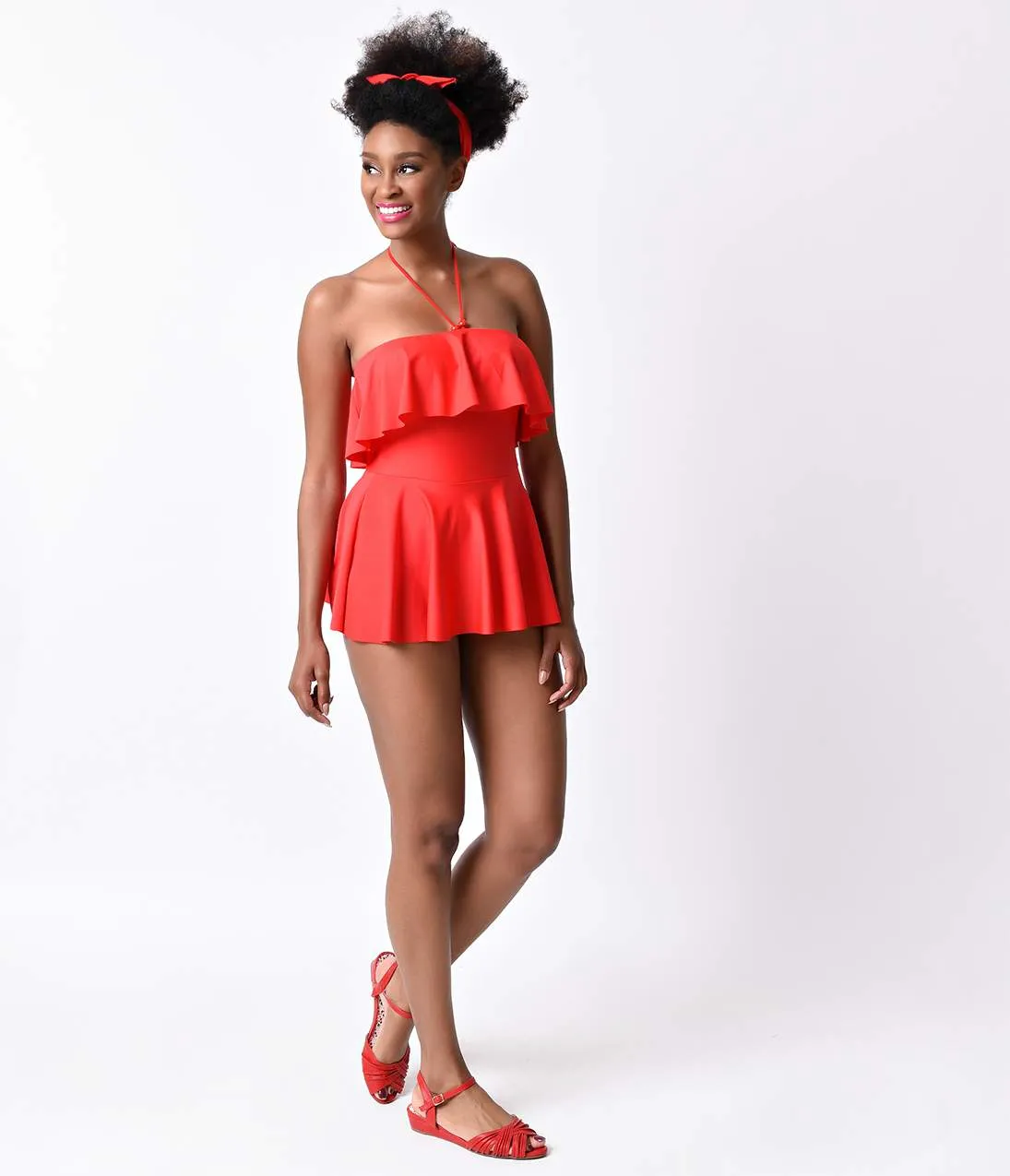 Vintage Pin Up Style Red Ruffle Halter Skirted One Piece Swimsuit sold by Unique Vintage product image thumbnail 3