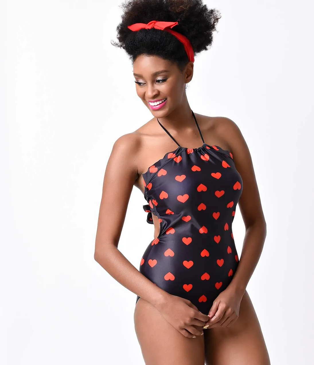 Vintage Style Black & Red Hearts Halter One Piece Swimsuit sold by Unique Vintage product image thumbnail 4