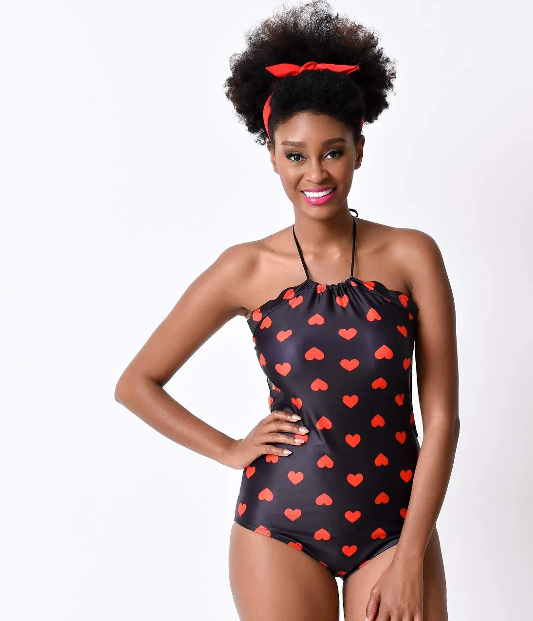 Vintage Style Black & Red Hearts Halter One Piece Swimsuit sold by Unique Vintage product image thumbnail 5
