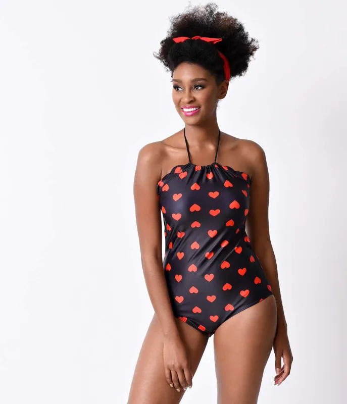 Vintage Style Black & Red Hearts Halter One Piece Swimsuit made by Unique Vintage