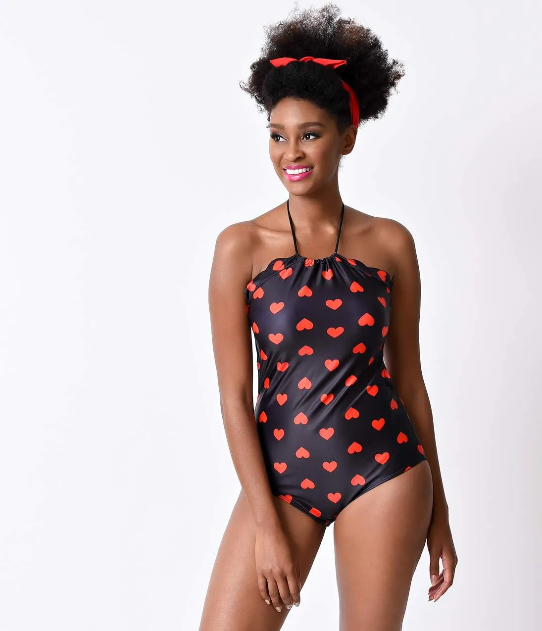 Vintage Style Black & Red Hearts Halter One Piece Swimsuit sold by Unique Vintage