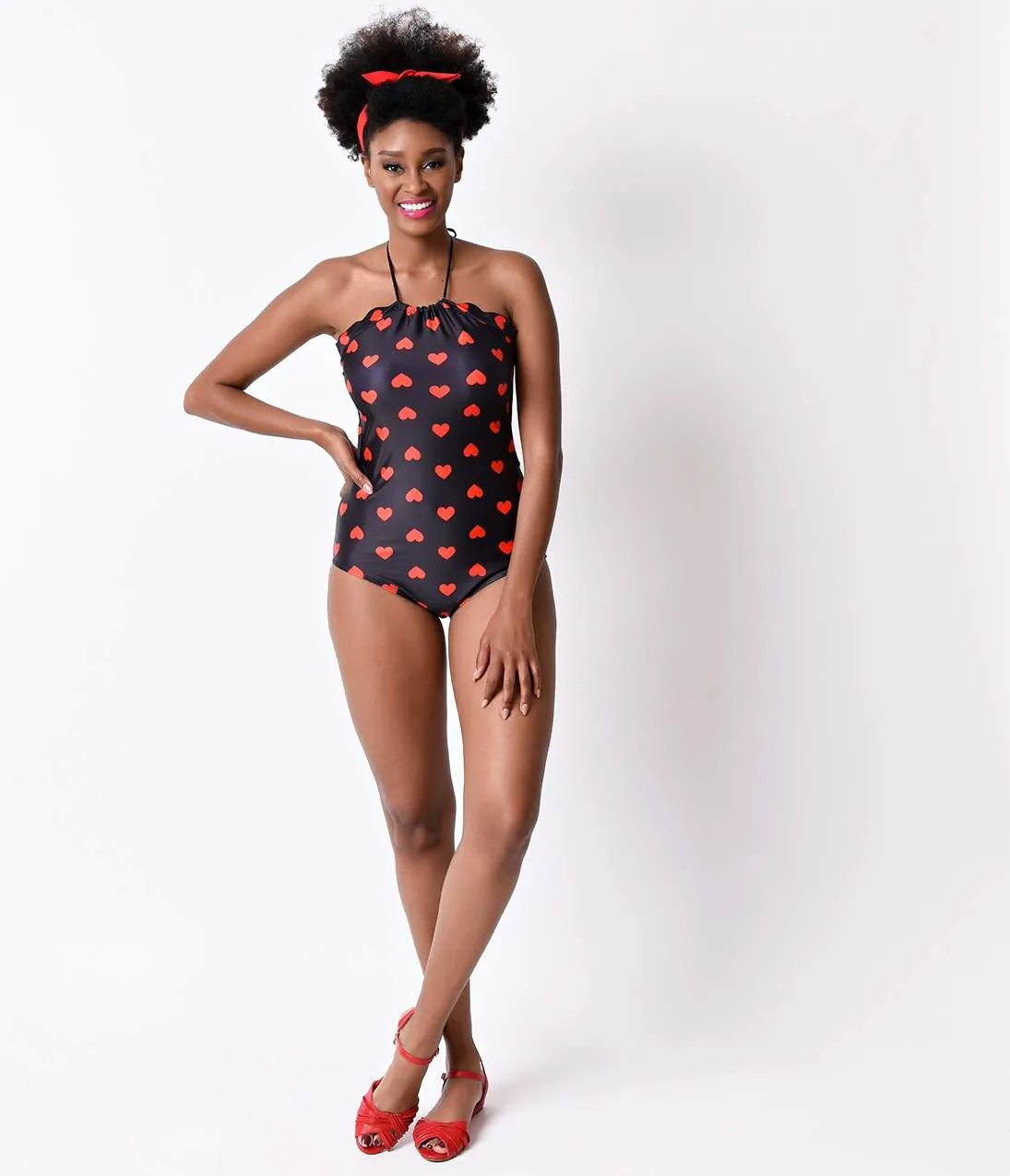 Vintage Style Black & Red Hearts Halter One Piece Swimsuit sold by Unique Vintage product image thumbnail 2