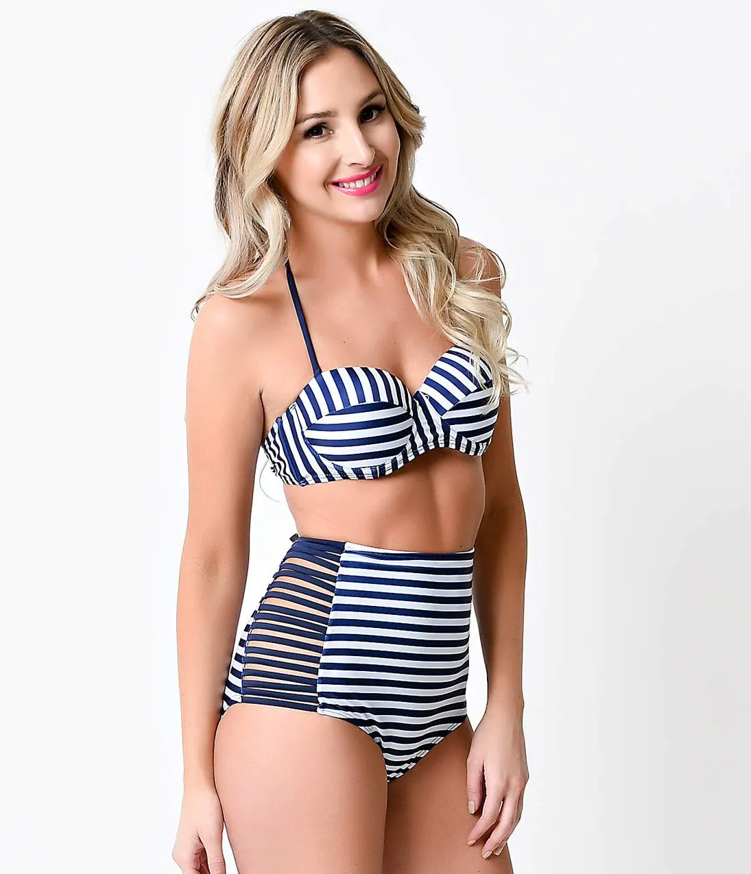 Nautical Navy & White Stripe Halter High Waist Cutout Two Piece Bikini sold by Unique Vintage product image thumbnail 4