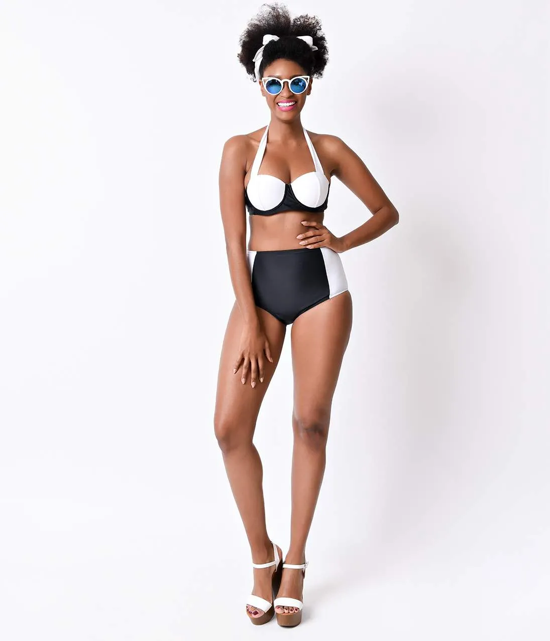 1960s Style Mod Black & White Color Block Halter High Waisted Bikini sold by Unique Vintage product image thumbnail 5