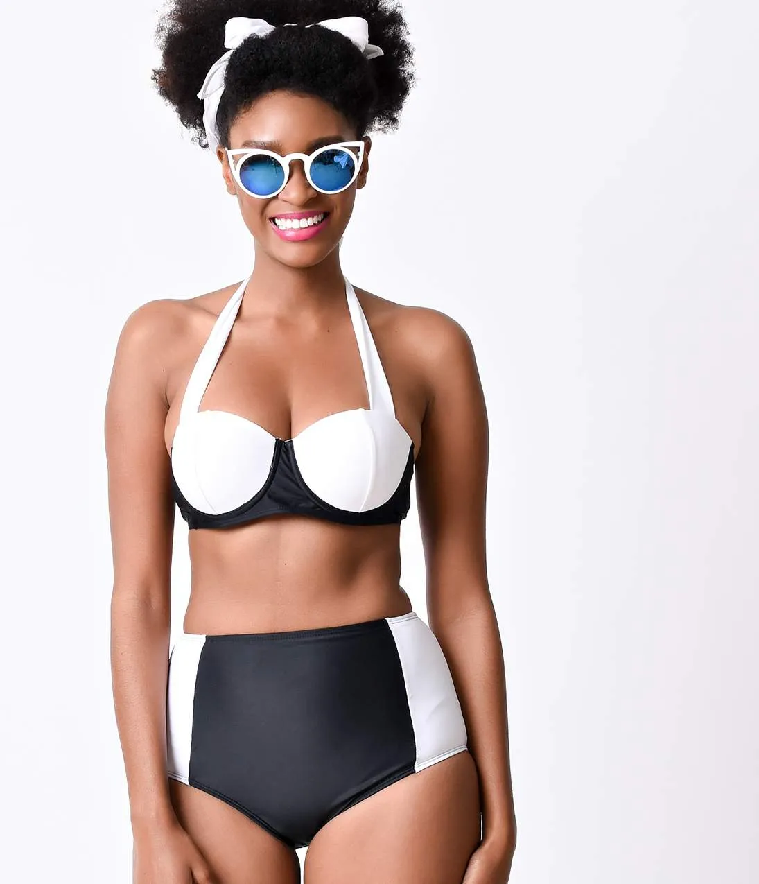 1960s Style Mod Black & White Color Block Halter High Waisted Bikini sold by Unique Vintage product image thumbnail 2