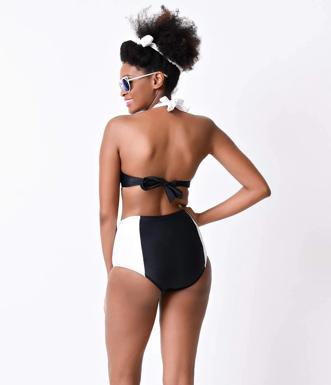 1960s Style Mod Black & White Color Block Halter High Waisted Bikini sold by Unique Vintage product image thumbnail 3