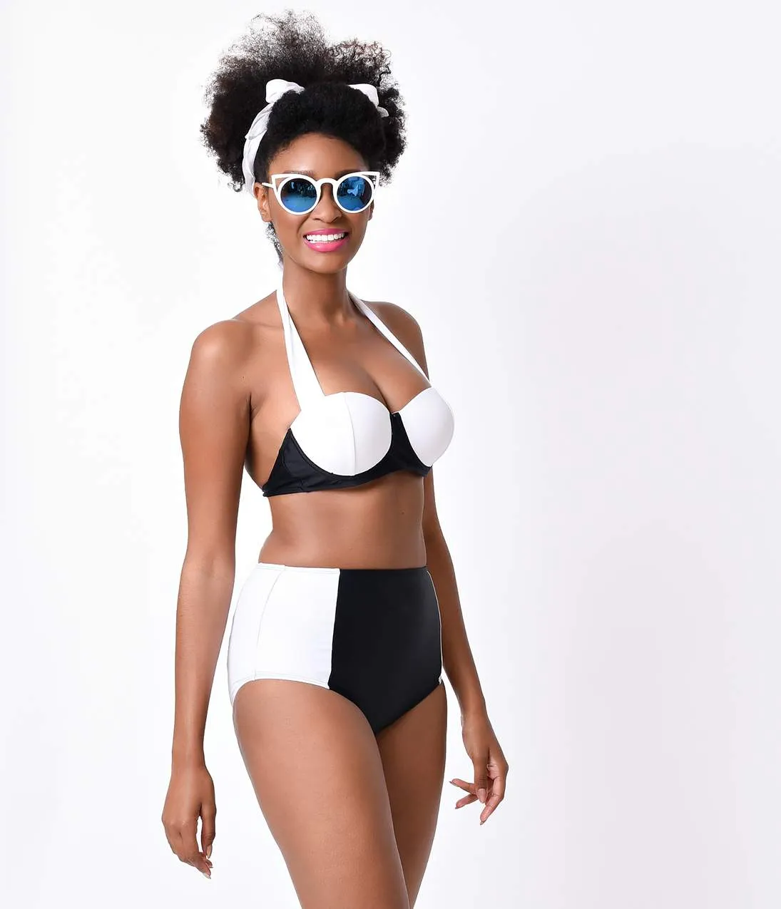 1960s Style Mod Black & White Color Block Halter High Waisted Bikini sold by Unique Vintage product image thumbnail 4