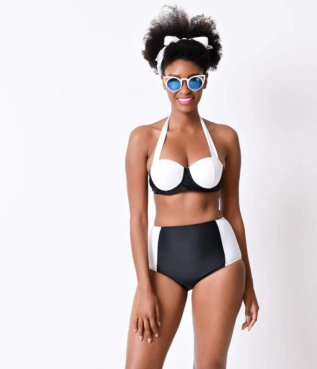 1960s Style Mod Black & White Color Block Halter High Waisted Bikini sold by Unique Vintage