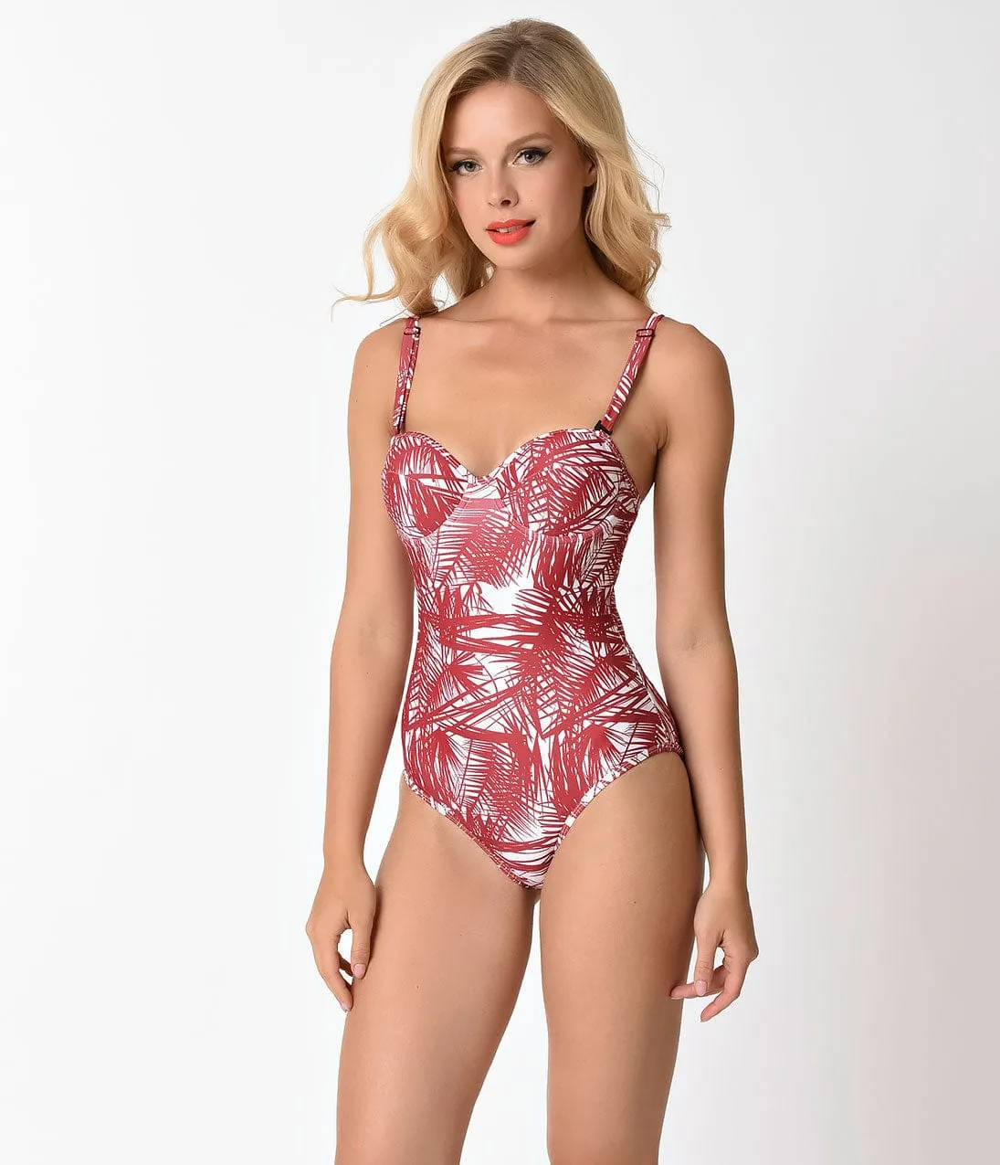 Kingdom & State Retro Style Burgundy Sketch Palm Print One Piece Swimsuit sold by Unique Vintage