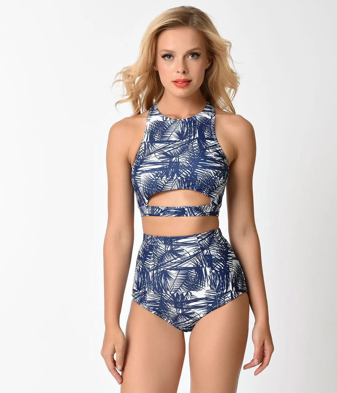 Kingdom & State Navy & White Tropical Sketch High Waist Bombshell Swim Bottom sold by Unique Vintage product image thumbnail 4
