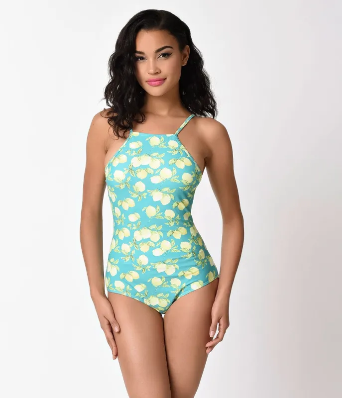 Kingdom & State Mint & Yellow Lemon Print One Piece Swimsuit made by Unique Vintage