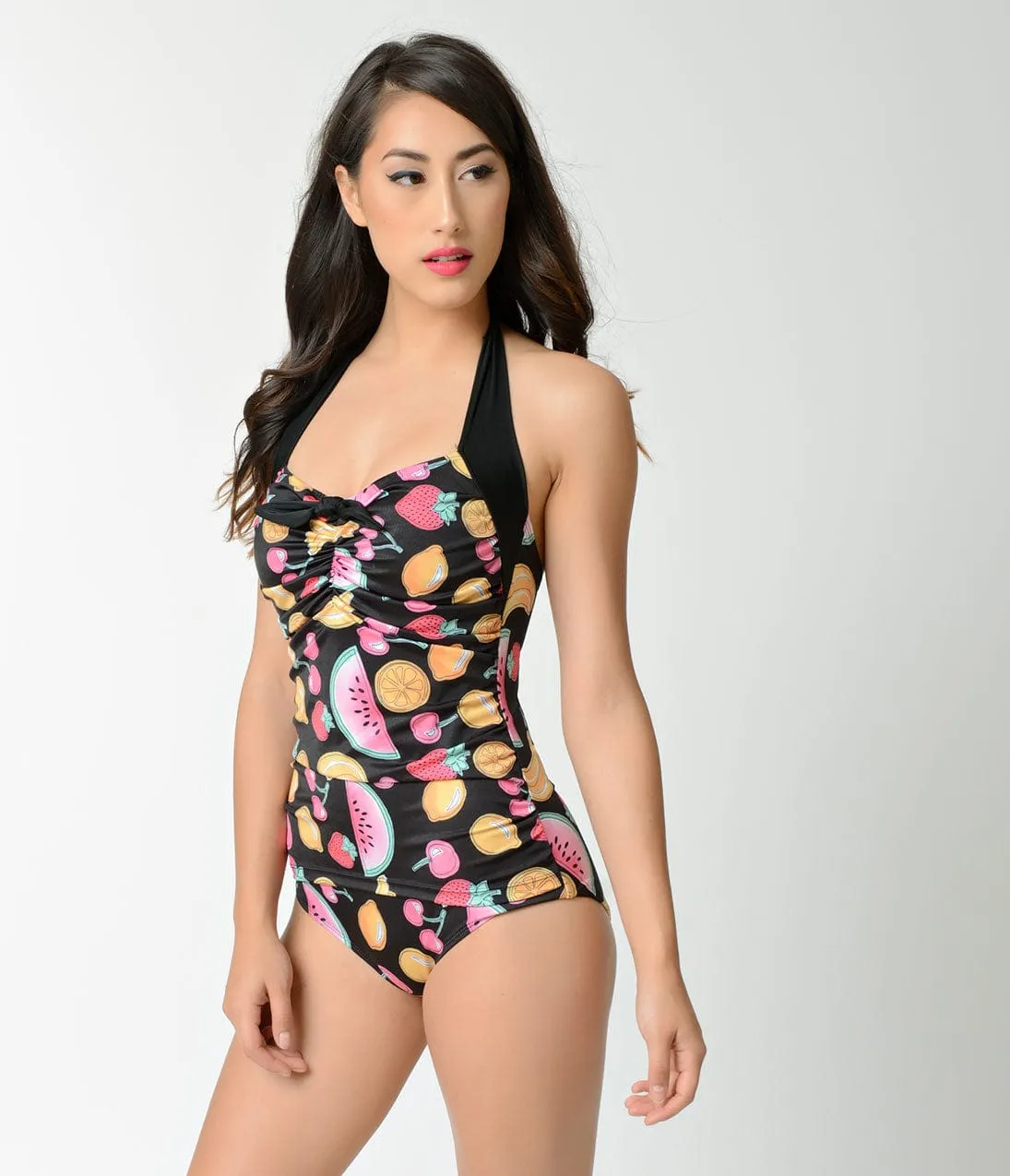 Hell Bunny 1950s Black & Multicolor Tutti Fruitti Sheath Swimsuit sold by Unique Vintage product image thumbnail 3