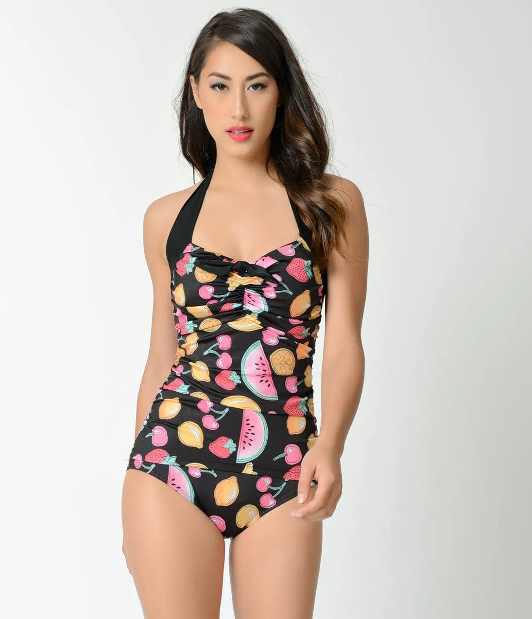 Hell Bunny 1950s Black & Multicolor Tutti Fruitti Sheath Swimsuit sold by Unique Vintage product image thumbnail 4
