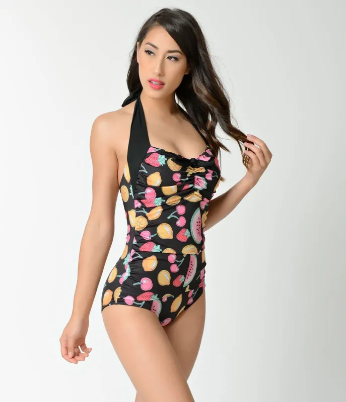 Hell Bunny 1950s Black & Multicolor Tutti Fruitti Sheath Swimsuit made by Unique Vintage