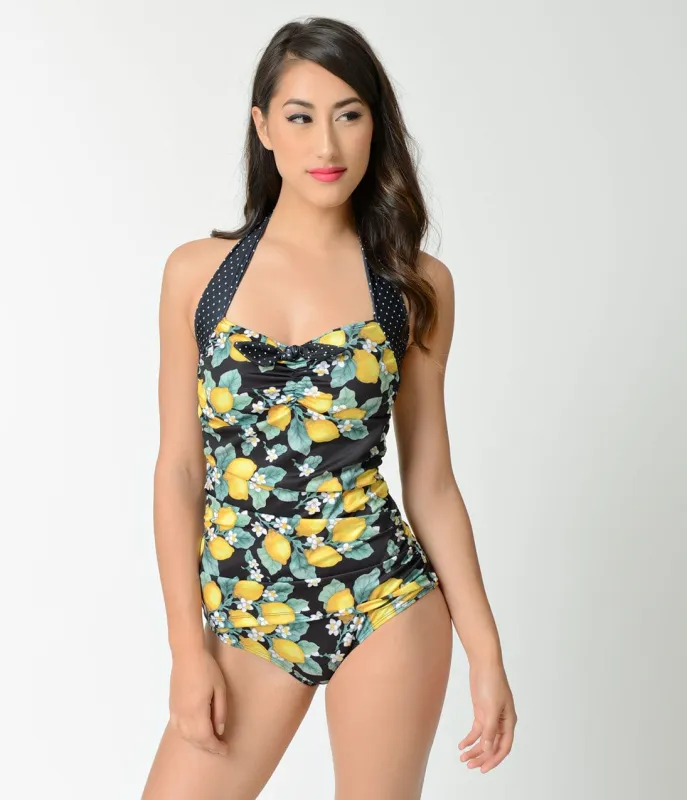 Hell Bunny 1950s Black Floral & Dot Lemonade Sheath Swimsuit made by Unique Vintage