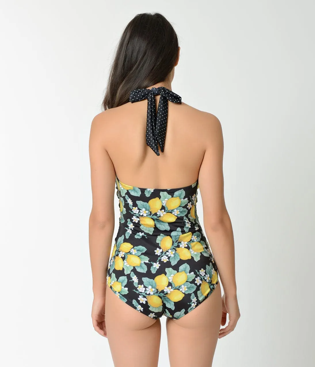 Hell Bunny 1950s Black Floral & Dot Lemonade Sheath Swimsuit sold by Unique Vintage product image thumbnail 2