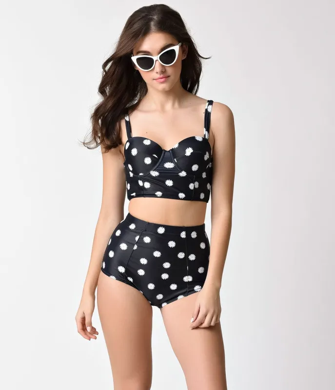 Kingdom & State Retro Black & Daisy Print Bombshell Swim Top made by Unique Vintage