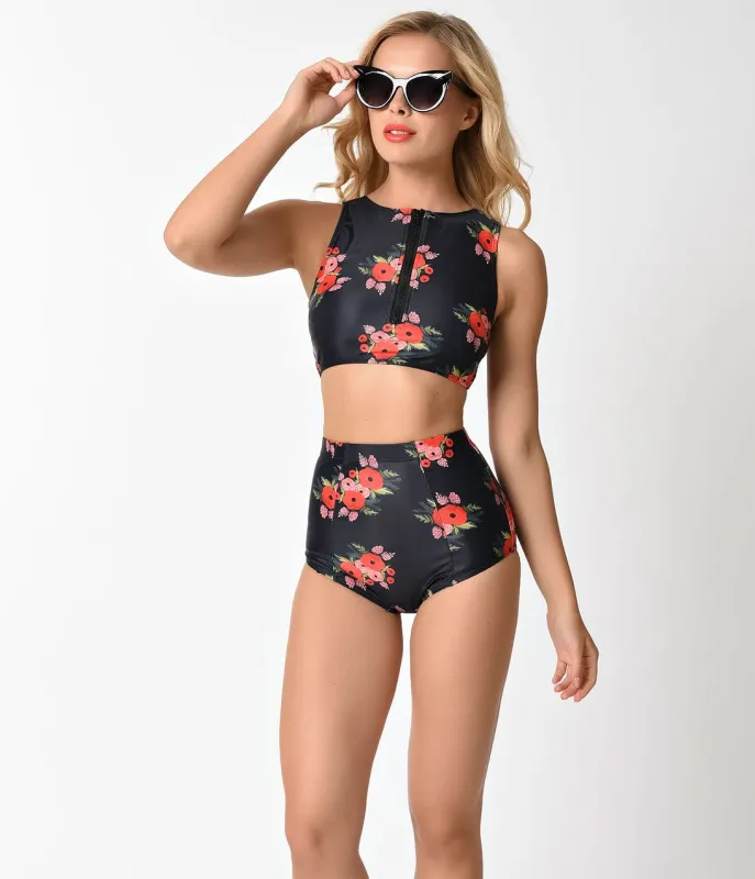 Kingdom & State Black & Red Poppy High Waist Bombshell Swim Bottom made by Unique Vintage
