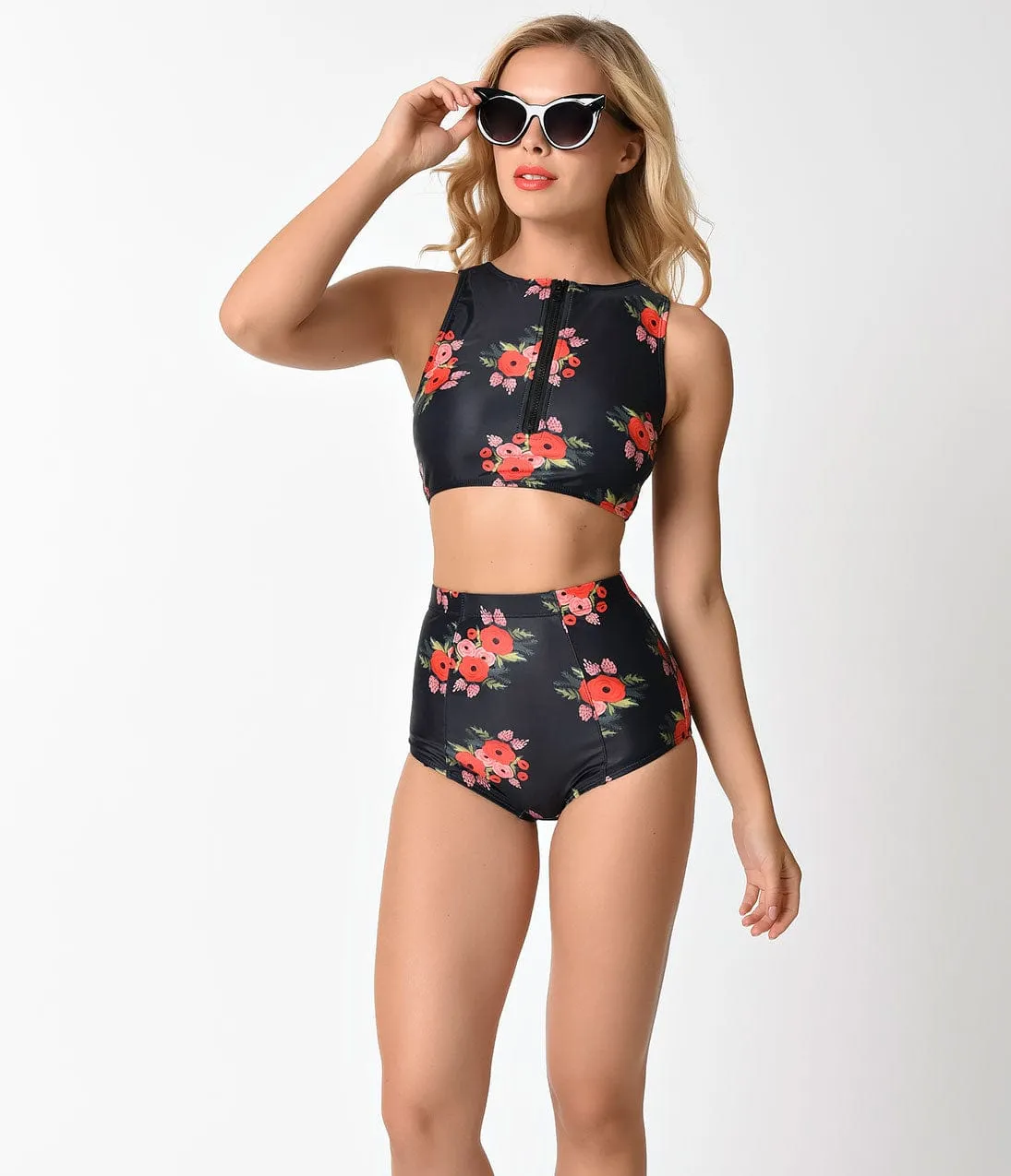 Kingdom & State Black & Red Poppy High Waist Bombshell Swim Bottom sold by Unique Vintage