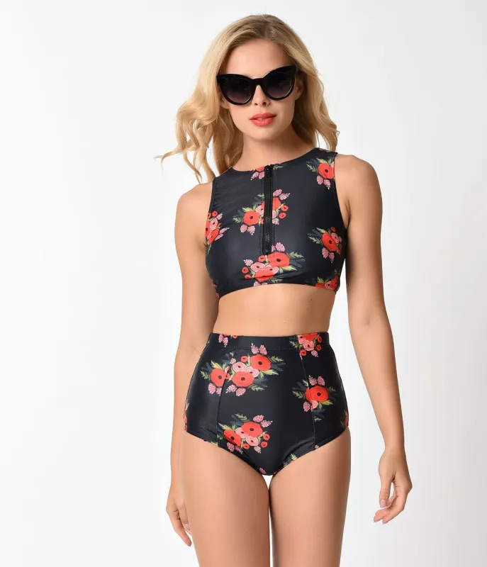 Kingdom & State Black & Red Poppy Crop Tankini Swim Top made by Unique Vintage