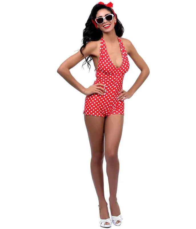 Red & White Polka Dot Halter Open Back Malia One Piece Swimsuit made by Unique Vintage