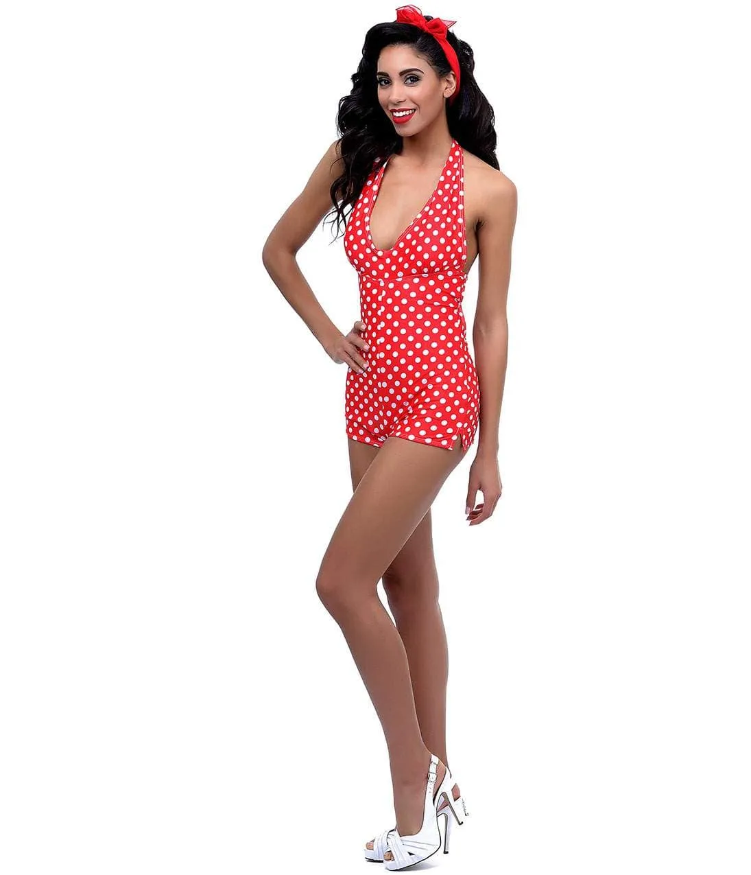 Red & White Polka Dot Halter Open Back Malia One Piece Swimsuit sold by Unique Vintage product image thumbnail 5