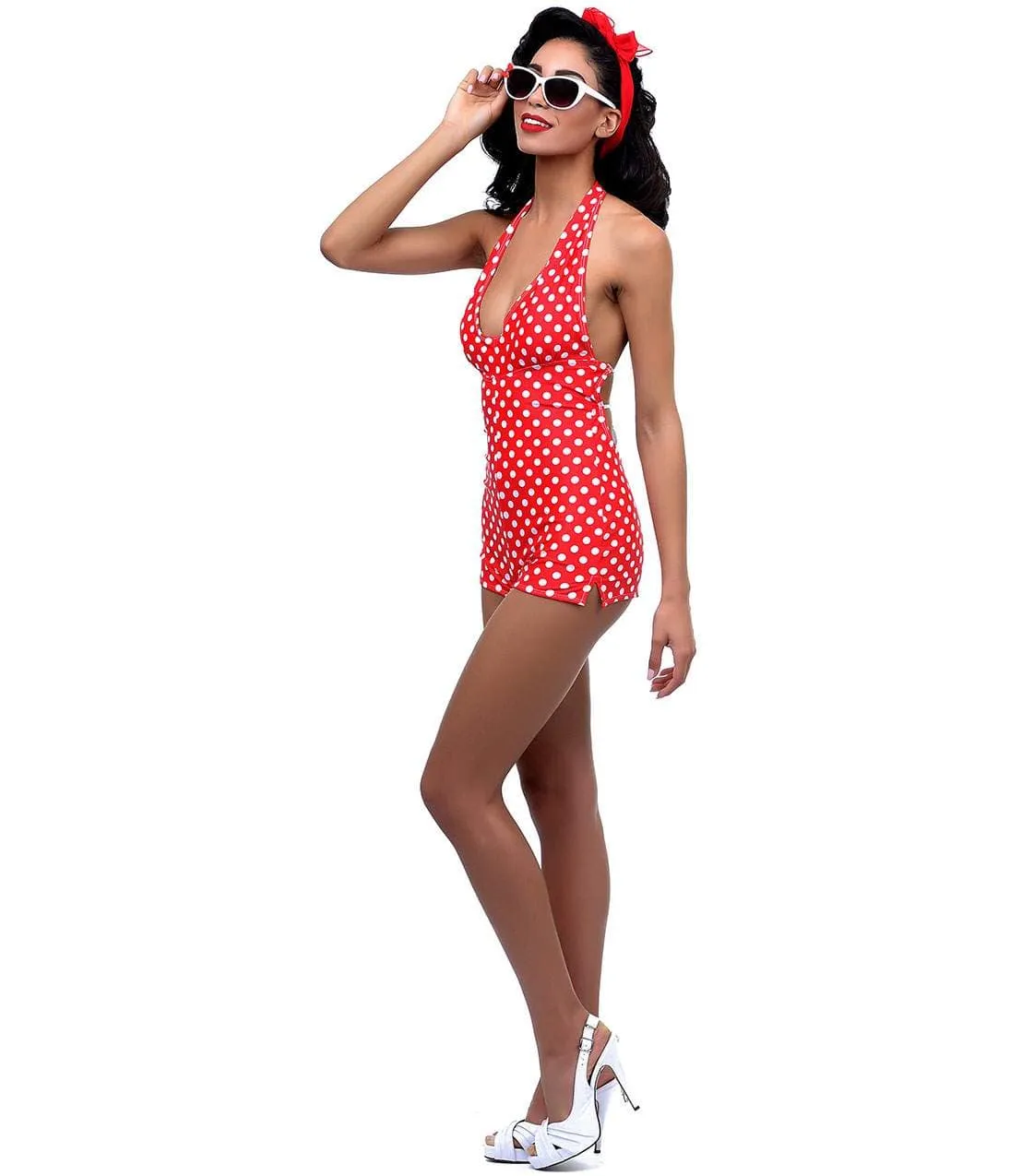 Red & White Polka Dot Halter Open Back Malia One Piece Swimsuit sold by Unique Vintage product image thumbnail 2