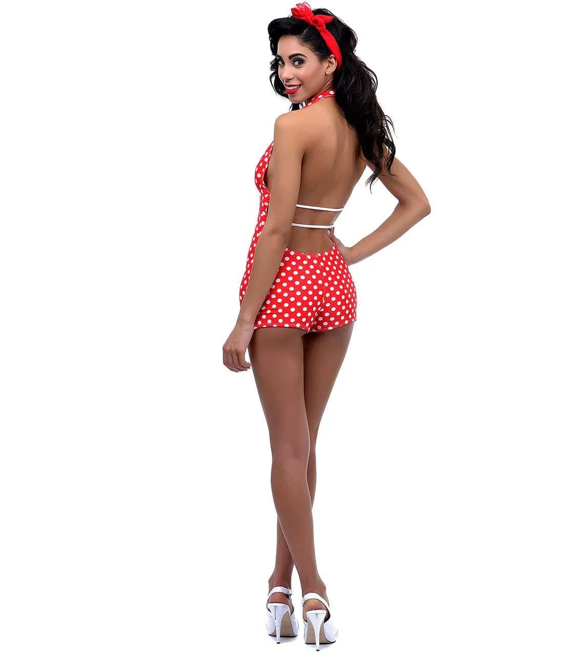 Red & White Polka Dot Halter Open Back Malia One Piece Swimsuit sold by Unique Vintage product image thumbnail 3