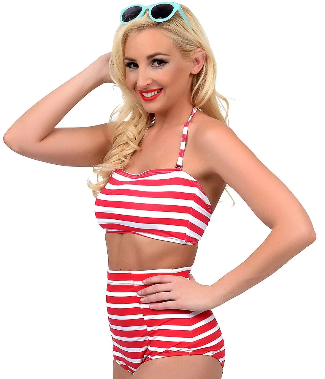 Kingdom & State Pin-Up Style Nautical Red & White Stripe High Waist Bombshell Swim Bottom sold by Unique Vintage