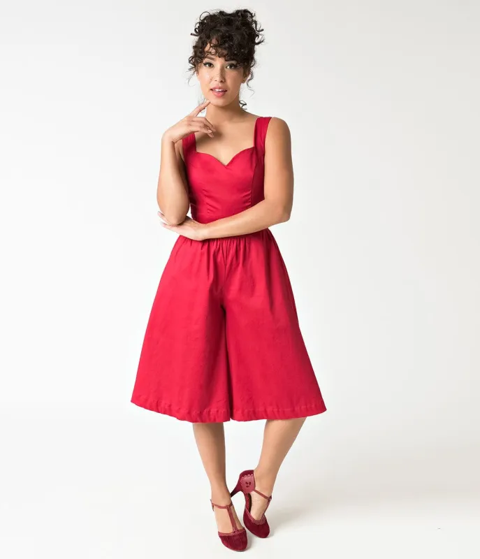 Unique Vintage 1950s Style Red Wide Leg Promenade Jumpsuit made by Unique Vintage