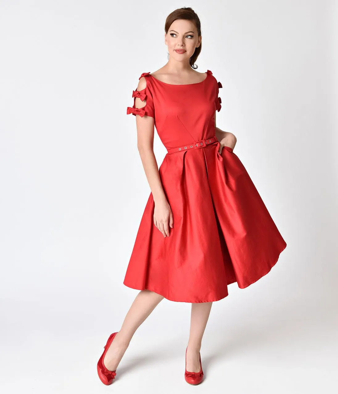 Unique Vintage 1950s Red Cotton Bow Sleeve Selma Swing Dress sold by Unique Vintage product image thumbnail 4