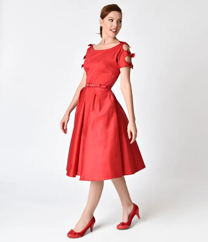 Unique Vintage 1950s Red Cotton Bow Sleeve Selma Swing Dress sold by Unique Vintage