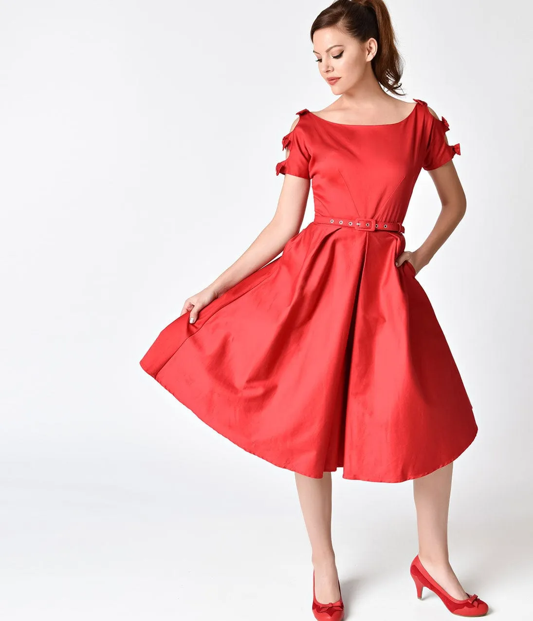 Unique Vintage 1950s Red Cotton Bow Sleeve Selma Swing Dress sold by Unique Vintage product image thumbnail 5