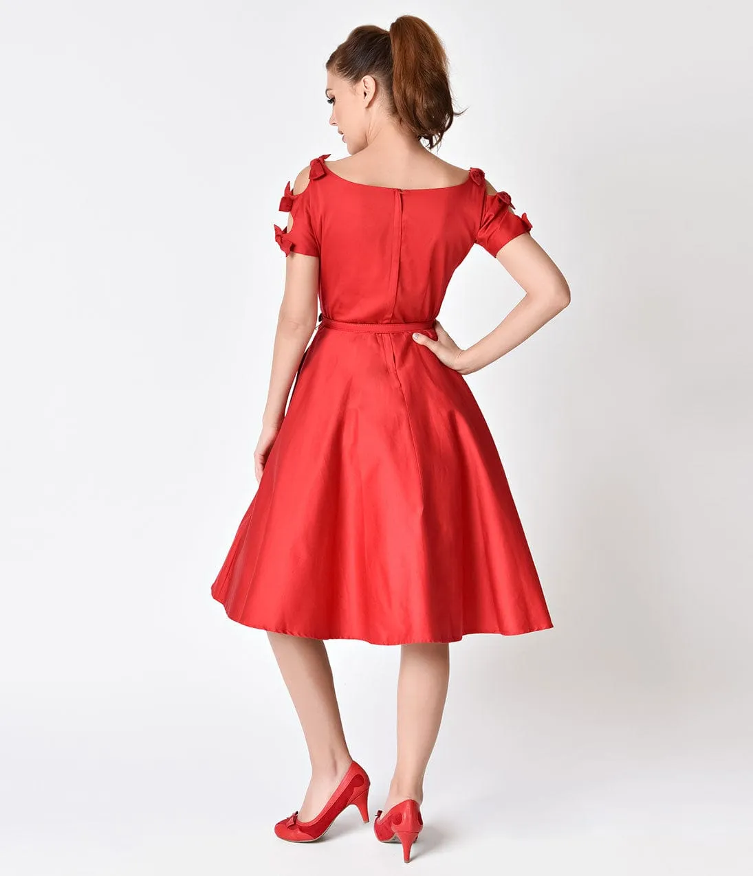 Unique Vintage 1950s Red Cotton Bow Sleeve Selma Swing Dress sold by Unique Vintage product image thumbnail 2