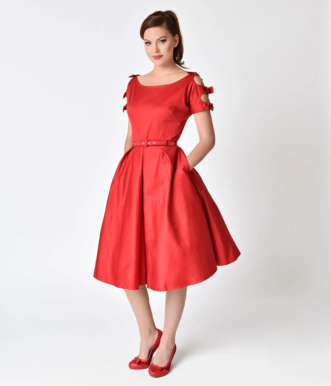 Unique Vintage 1950s Red Cotton Bow Sleeve Selma Swing Dress sold by Unique Vintage product image thumbnail 3