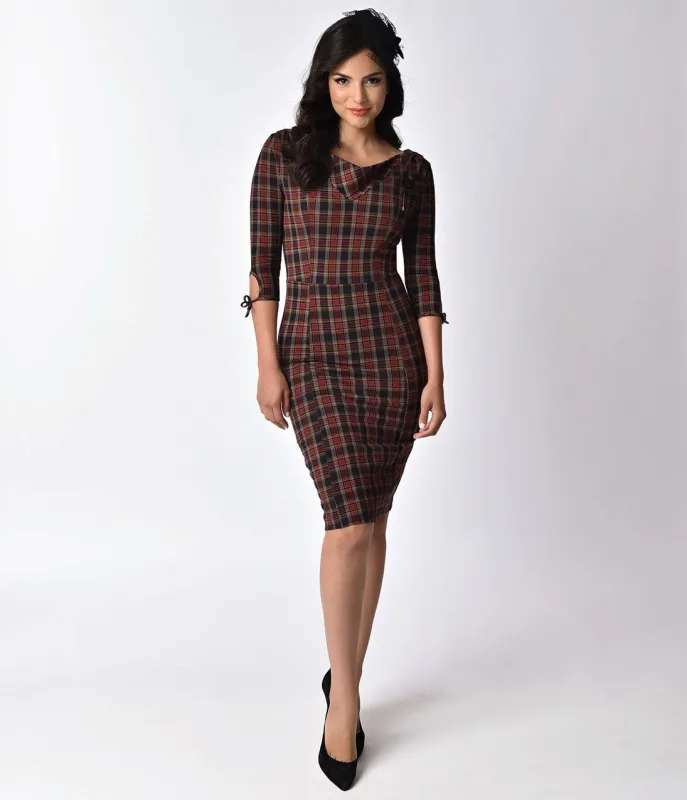 Unique Vintage 1940s Style Dark Plaid Carmen Half Sleeve Wiggle Dress made by Unique Vintage