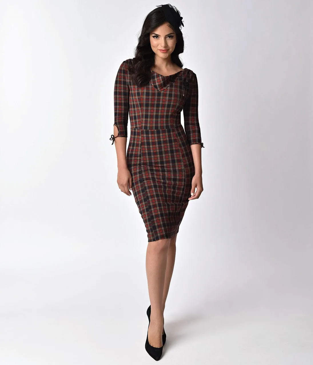 Unique Vintage 1940s Style Dark Plaid Carmen Half Sleeve Wiggle Dress sold by Unique Vintage