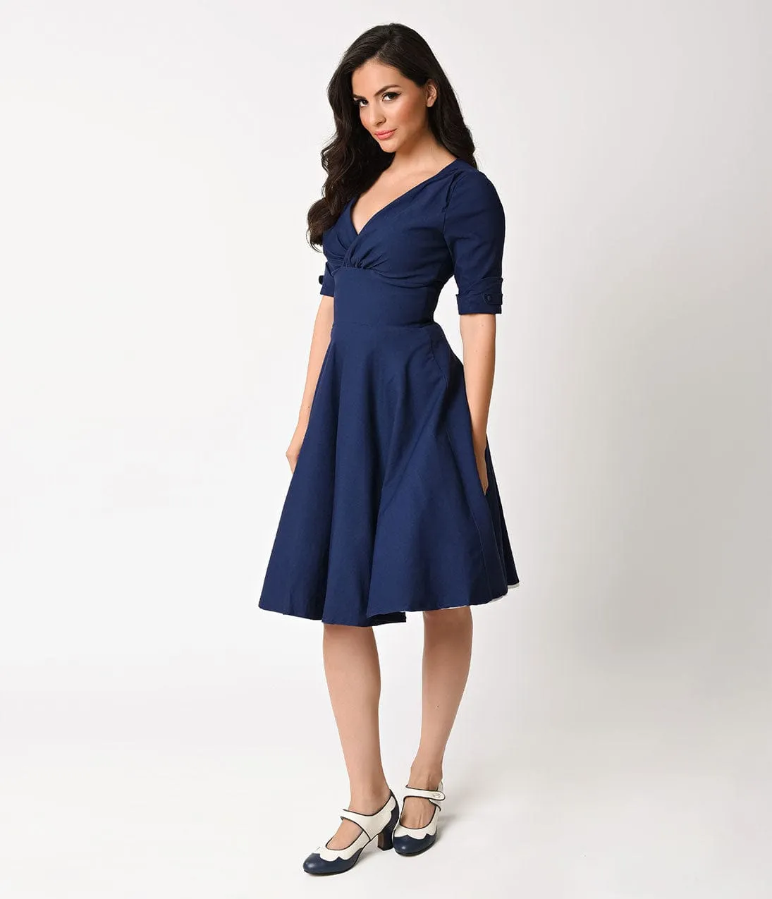 Unique Vintage 1950s Navy Blue Delores Swing Dress with Sleeves sold by Unique Vintage product image thumbnail 5