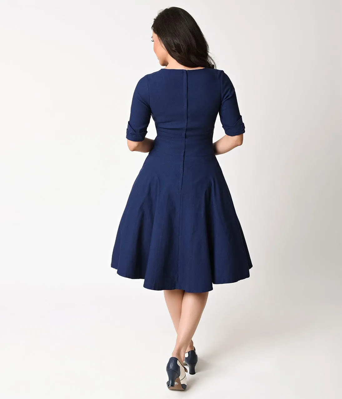 Unique Vintage 1950s Navy Blue Delores Swing Dress with Sleeves sold by Unique Vintage product image thumbnail 2