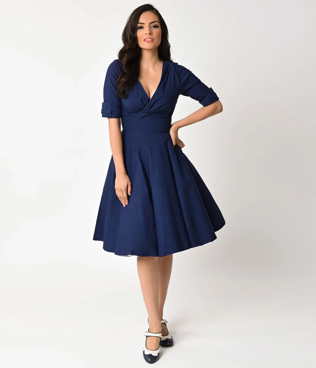 Unique Vintage 1950s Navy Blue Delores Swing Dress with Sleeves sold by Unique Vintage product image thumbnail 3