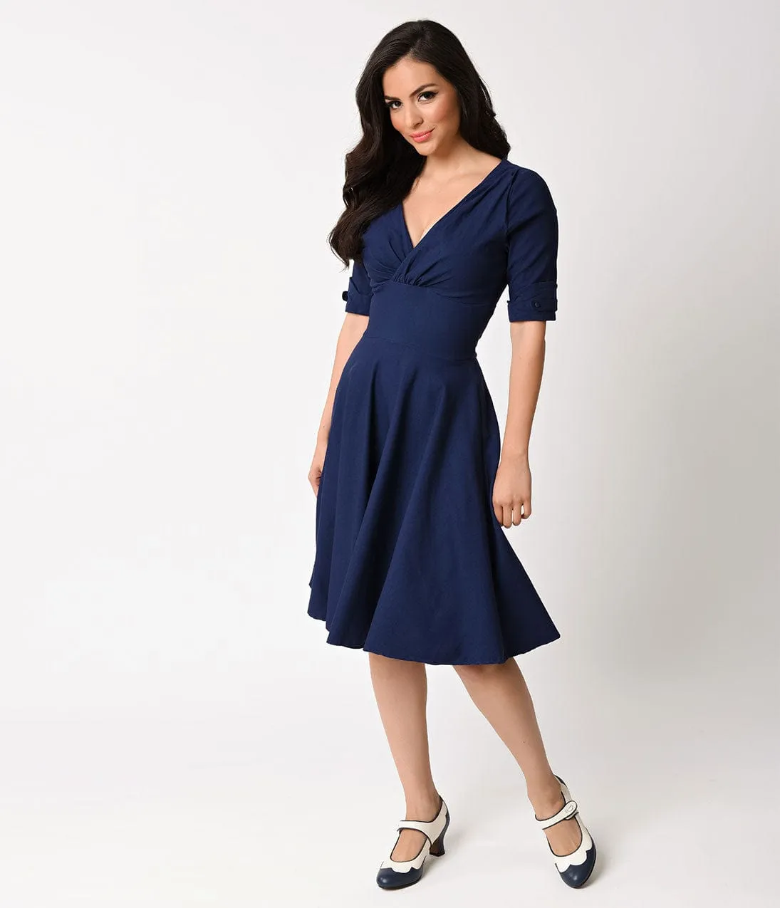 Unique Vintage 1950s Navy Blue Delores Swing Dress with Sleeves sold by Unique Vintage product image thumbnail 4